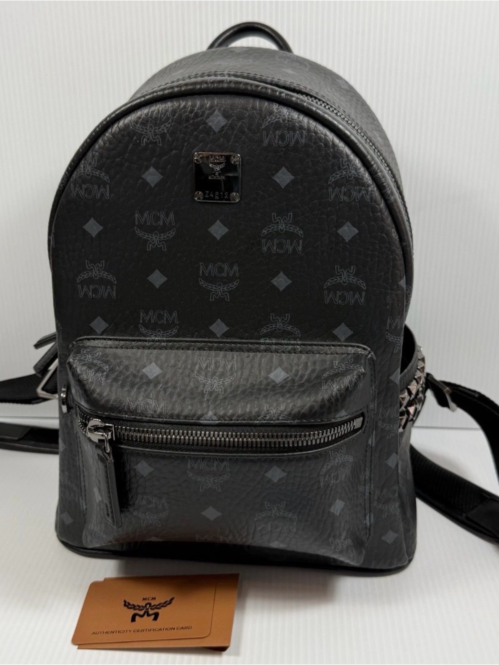 MCM Black Monogram Mini Backpack with Front Zip Pocket